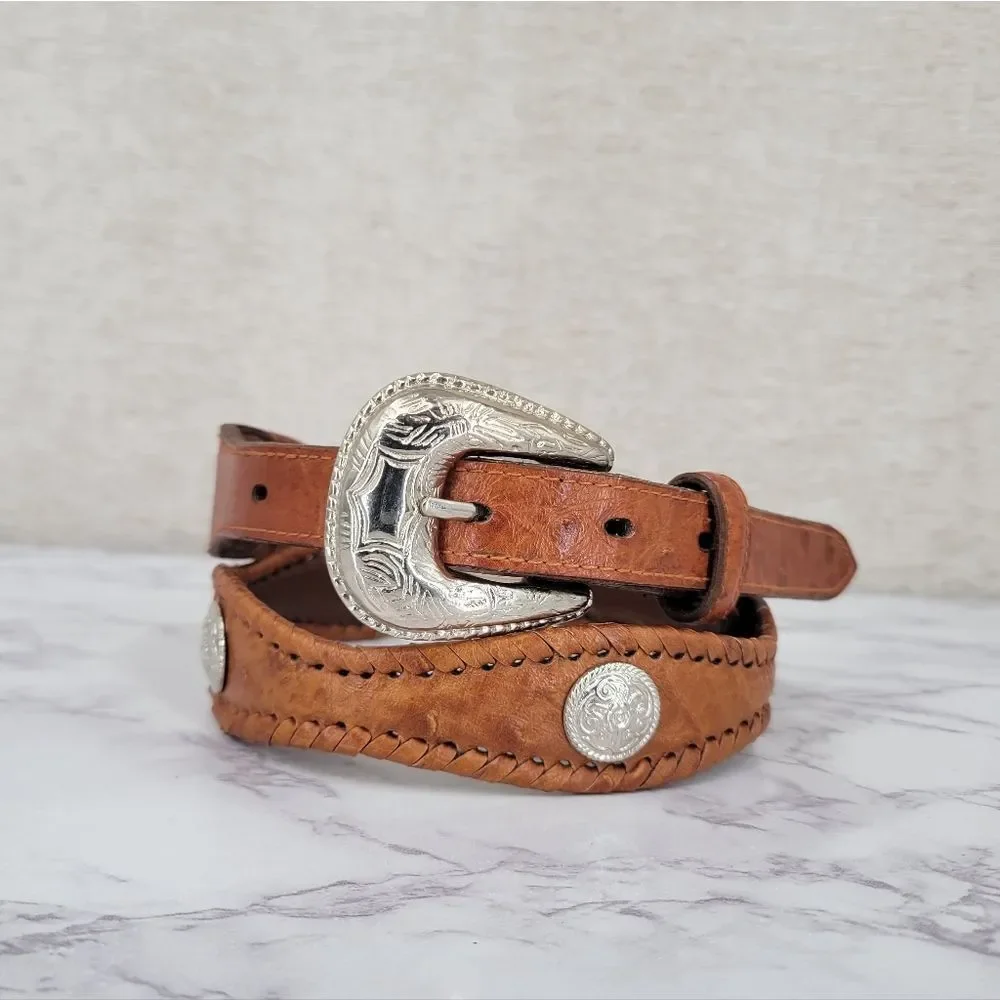Brown Faux Ostrich Concho Belt with Silver Toned Buckle